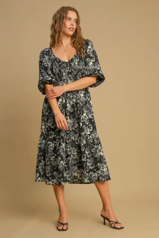 Ruffle Hem Floral Midi Dress – Black online